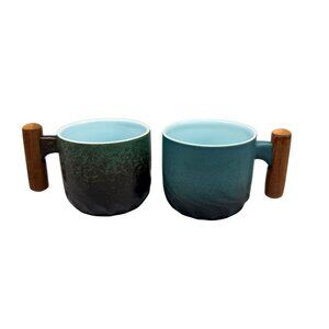 Pair Teal Speckled Ceramic Espresso Cups Wooden Handles 2oz